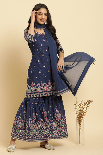 W for Woman Blue Floral Printed Kurta, Sharara And Dupatta Set