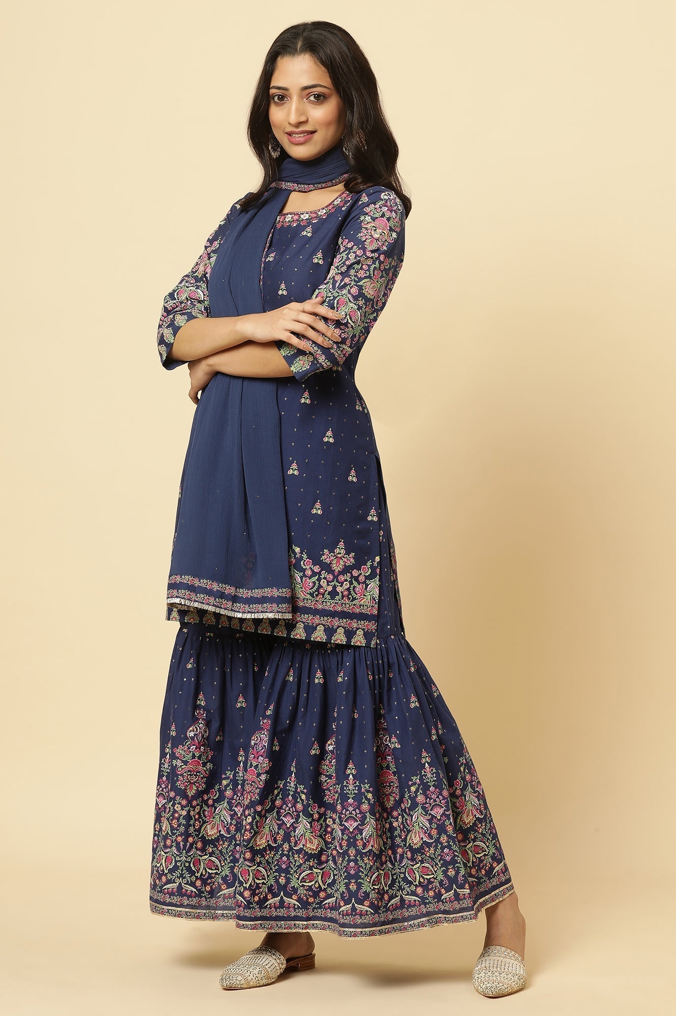 W for Woman Blue Floral Printed Kurta, Sharara And Dupatta Set