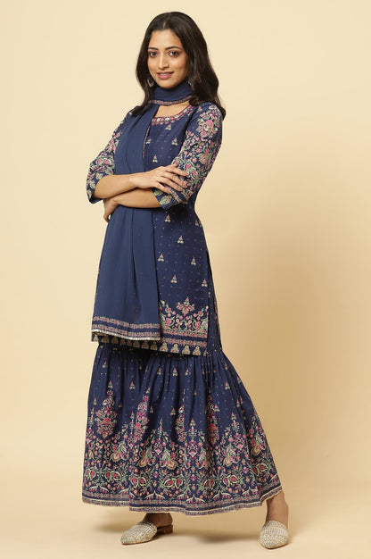 W for Woman Blue Floral Printed Kurta, Sharara And Dupatta Set