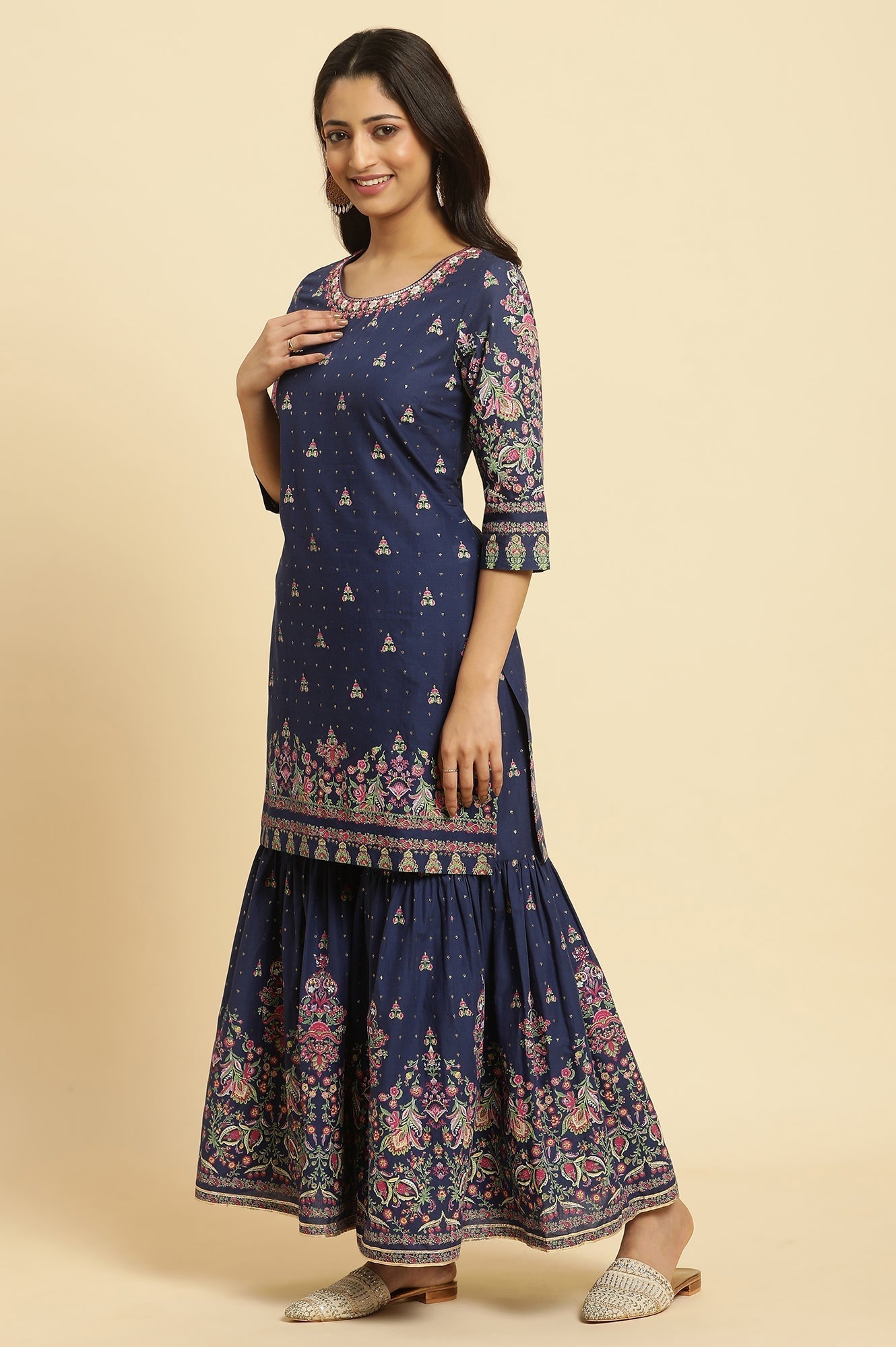W for Woman Blue Floral Printed Kurta, Sharara And Dupatta Set