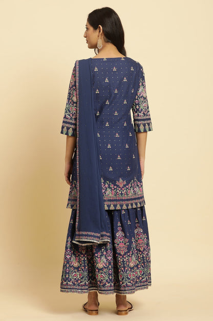 W for Woman Blue Floral Printed Kurta, Sharara And Dupatta Set