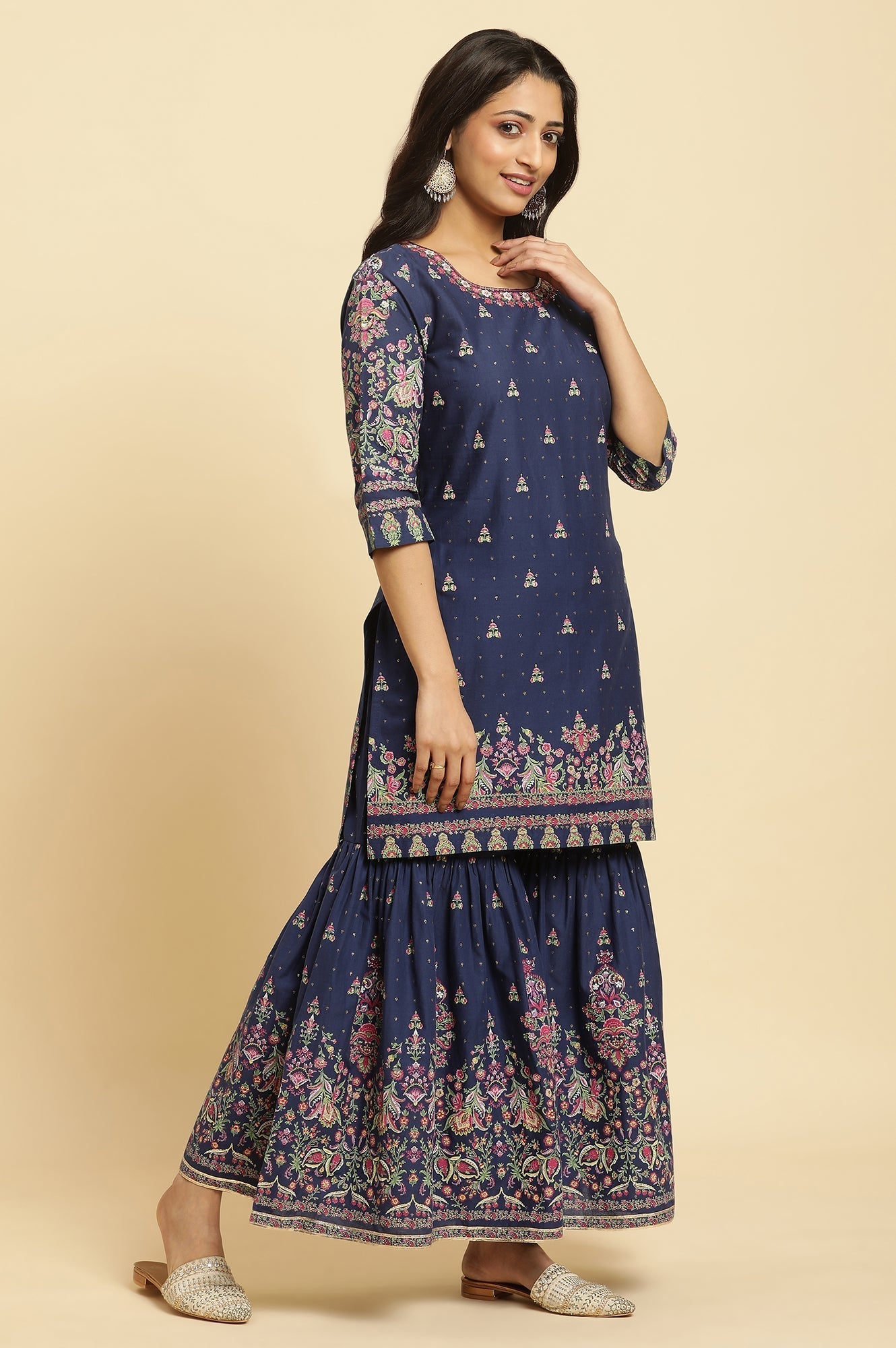 W for Woman Blue Floral Printed Kurta, Sharara And Dupatta Set