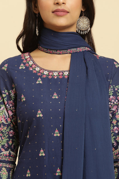 W for Woman Blue Floral Printed Kurta, Sharara And Dupatta Set
