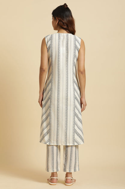 W for Woman Ecru Printed Kurta & Pants Co-Ord Set With Kantha Detail