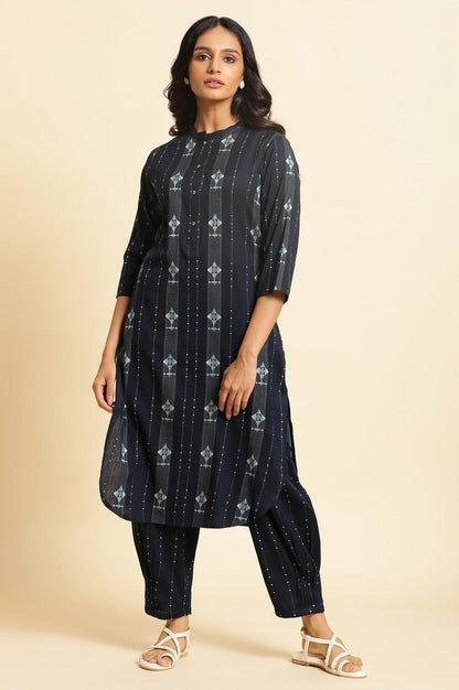 W for Woman Navy Blue Printed Cotton Kurta and Pleated Pants Set