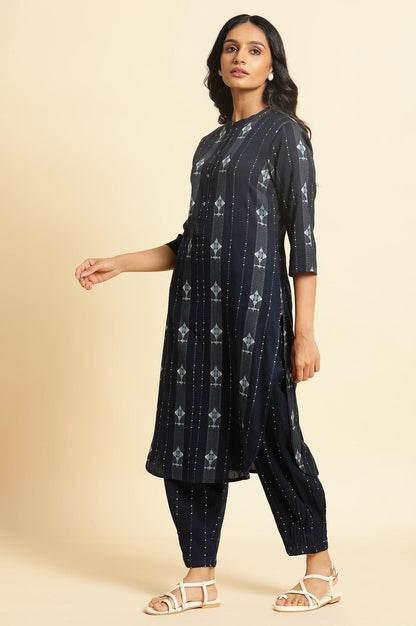 W for Woman Navy Blue Printed Cotton Kurta and Pleated Pants Set