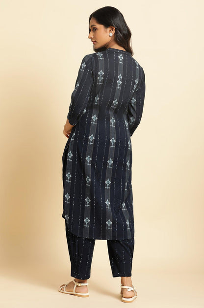W for Woman Navy Blue Printed Cotton Kurta and Pleated Pants Set