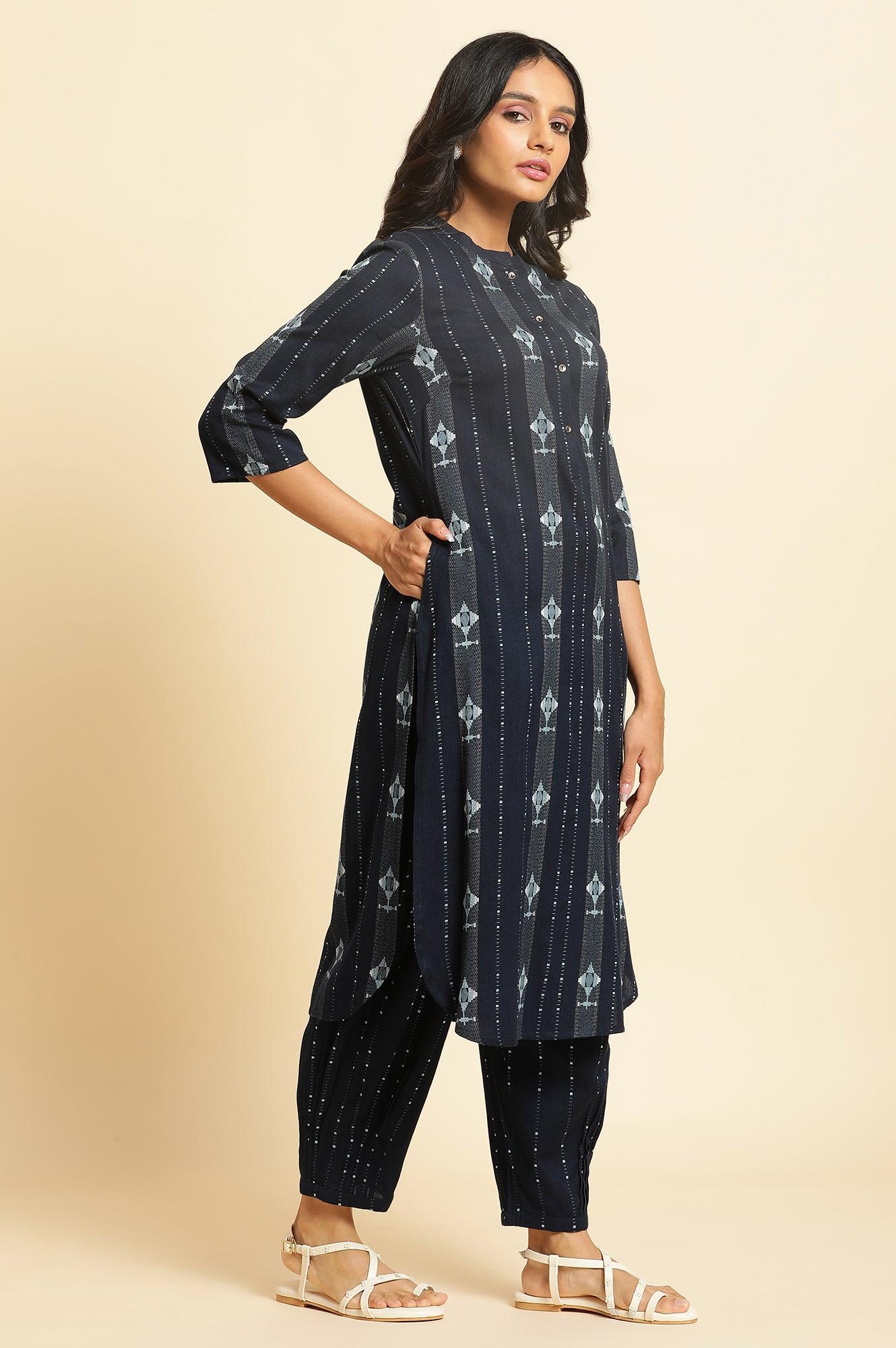 W for Woman Navy Blue Printed Cotton Kurta and Pleated Pants Set