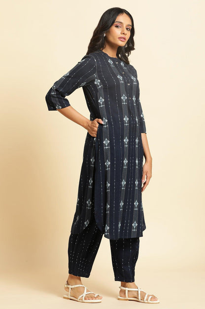 W for Woman Navy Blue Printed Cotton Kurta and Pleated Pants Set