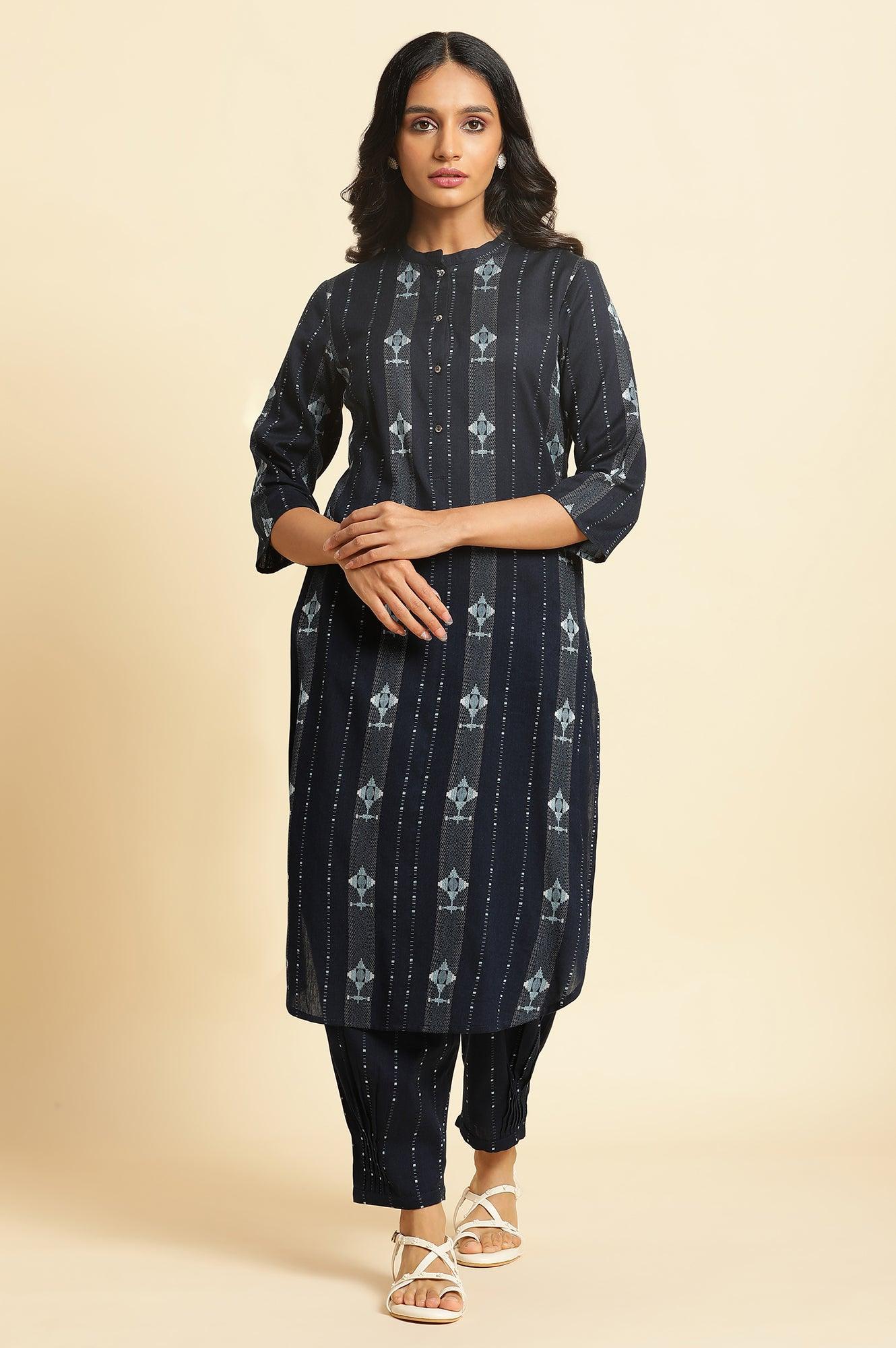 W for Woman Navy Blue Printed Cotton Kurta and Pleated Pants Set