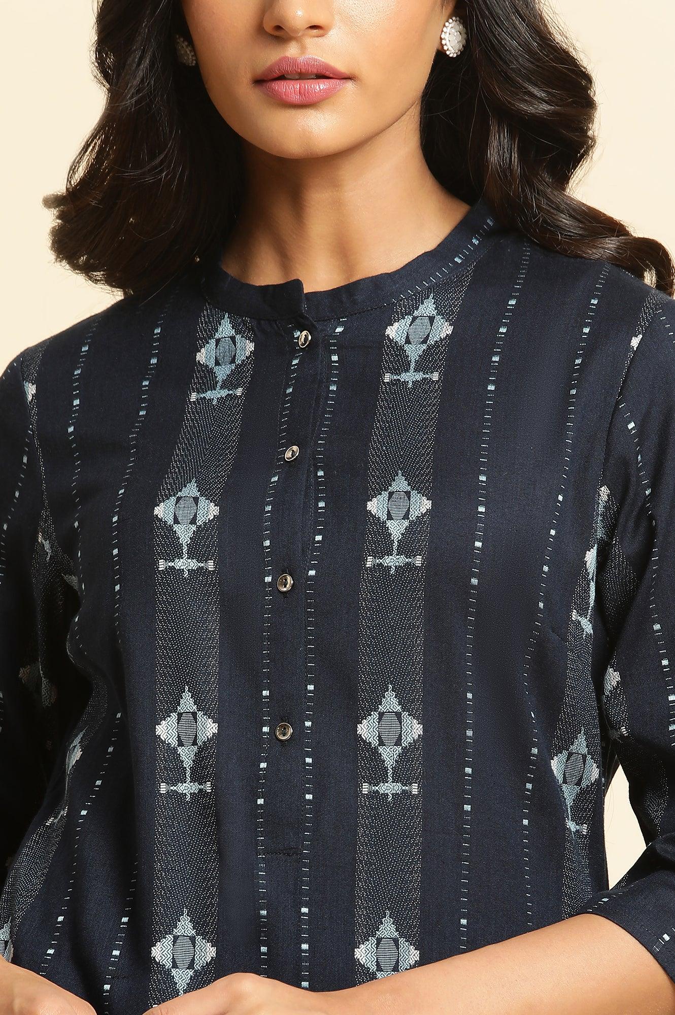 W for Woman Navy Blue Printed Cotton Kurta and Pleated Pants Set