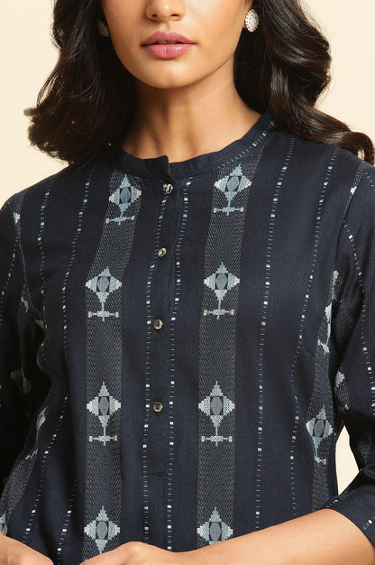 W for Woman Navy Blue Printed Cotton Kurta and Pleated Pants Set