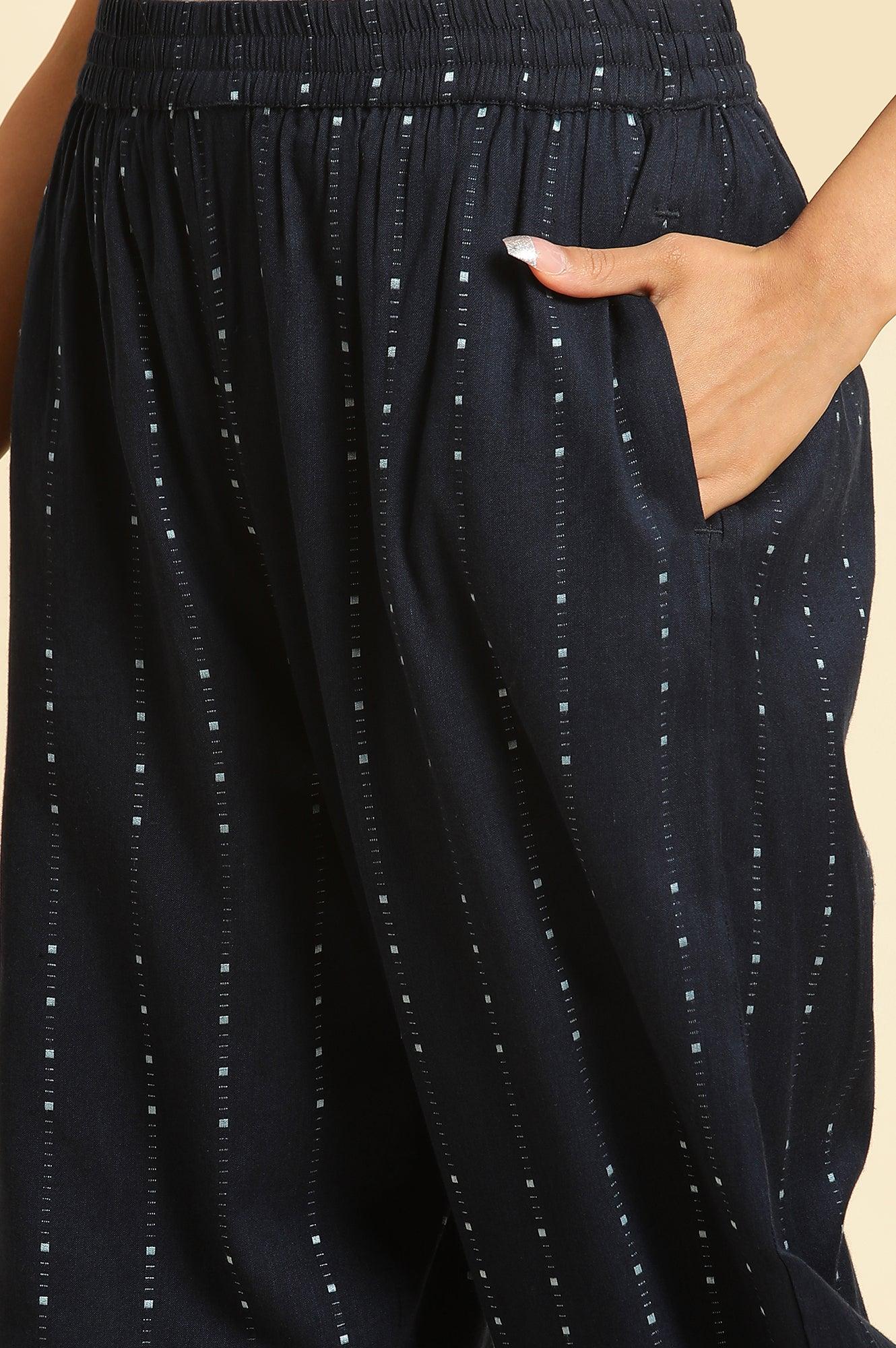 W for Woman Navy Blue Printed Cotton Kurta and Pleated Pants Set
