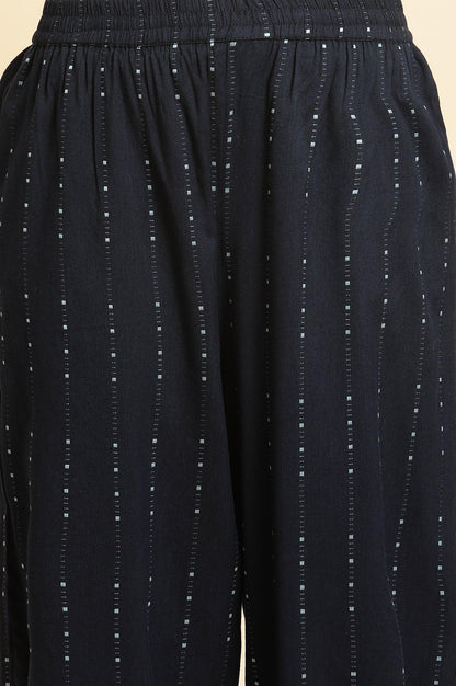 W for Woman Navy Blue Printed Cotton Kurta and Pleated Pants Set