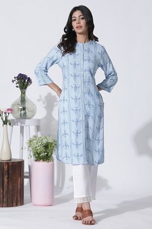 W for Woman Blue Geometric Print Shirt Kurta And Straight Pants Set