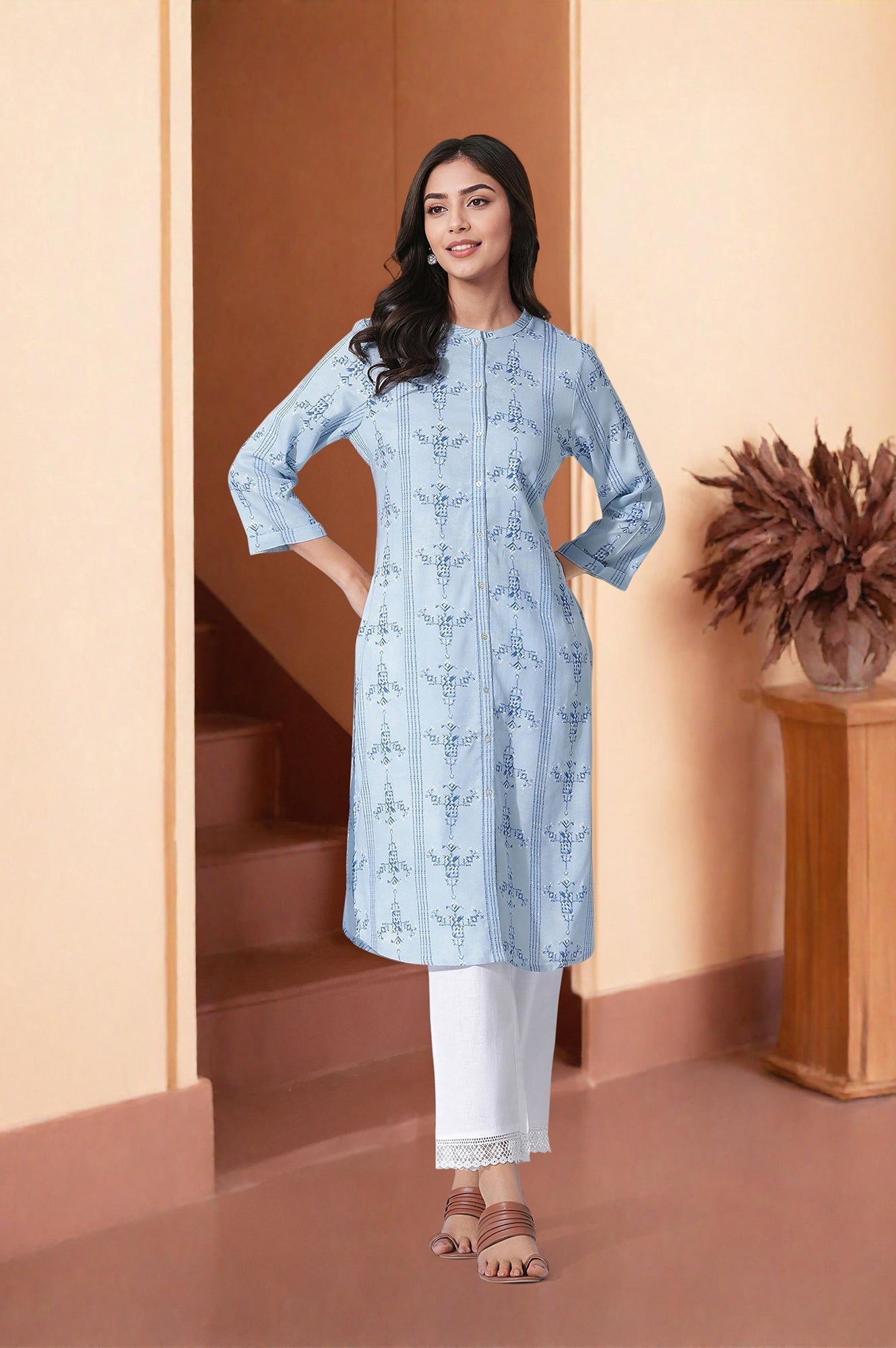 W for Woman Blue Geometric Print Shirt Kurta And Straight Pants Set