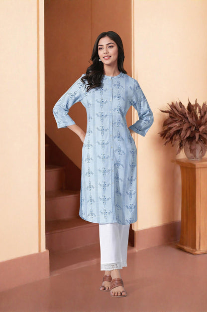 W for Woman Blue Geometric Print Shirt Kurta And Straight Pants Set