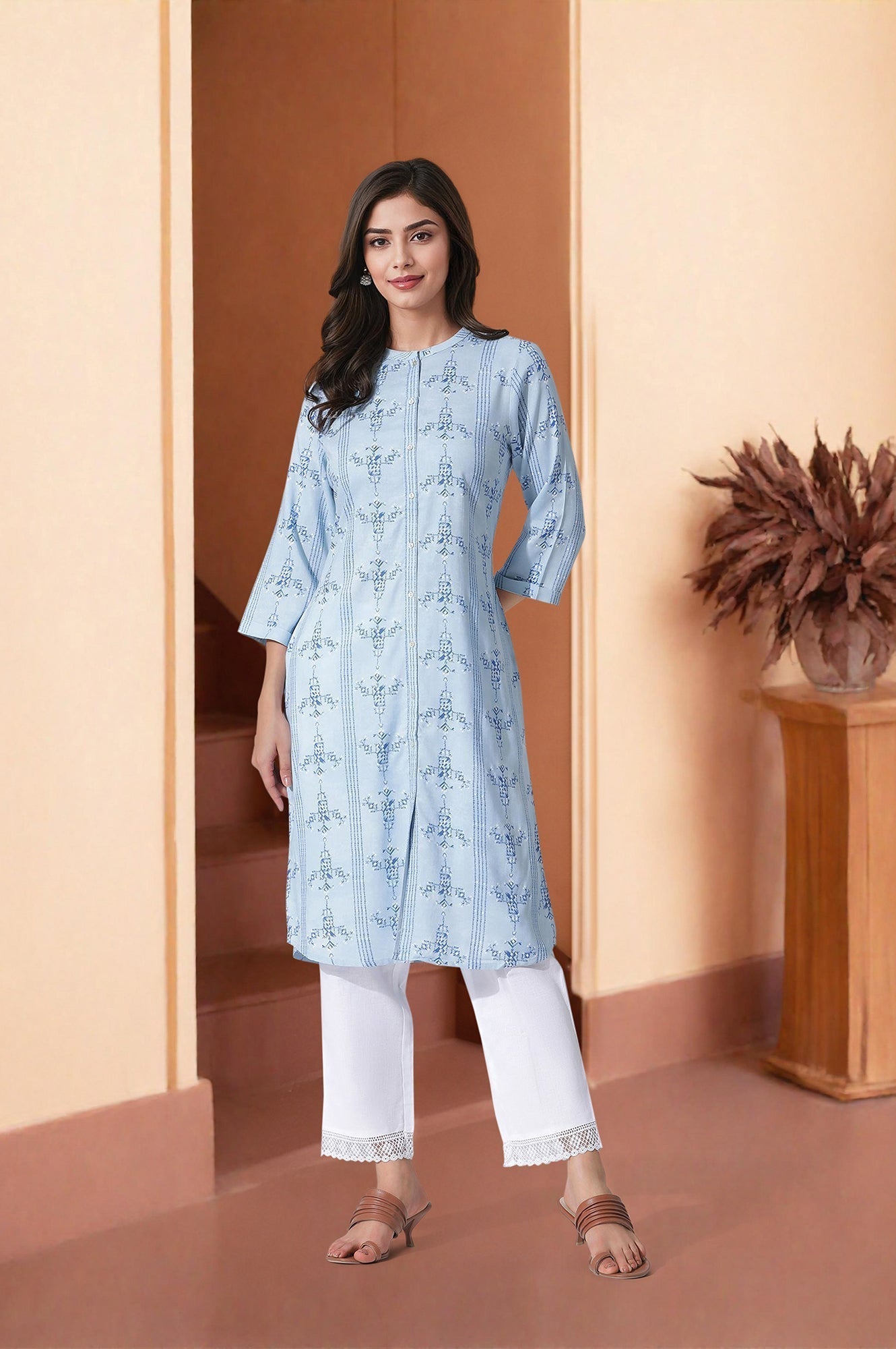 W for Woman Blue Geometric Print Shirt Kurta And Straight Pants Set