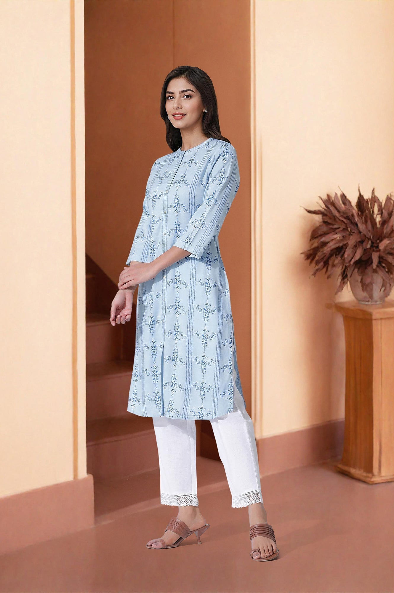 W for Woman Blue Geometric Print Shirt Kurta And Straight Pants Set