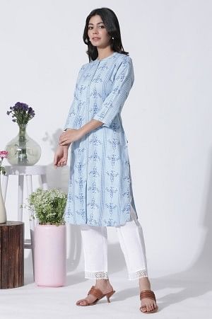 W for Woman Blue Geometric Print Shirt Kurta And Straight Pants Set