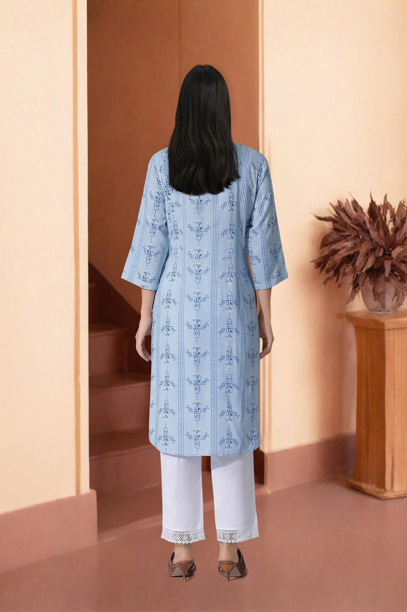 W for Woman Blue Geometric Print Shirt Kurta And Straight Pants Set