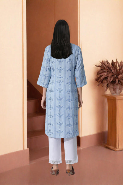 W for Woman Blue Geometric Print Shirt Kurta And Straight Pants Set