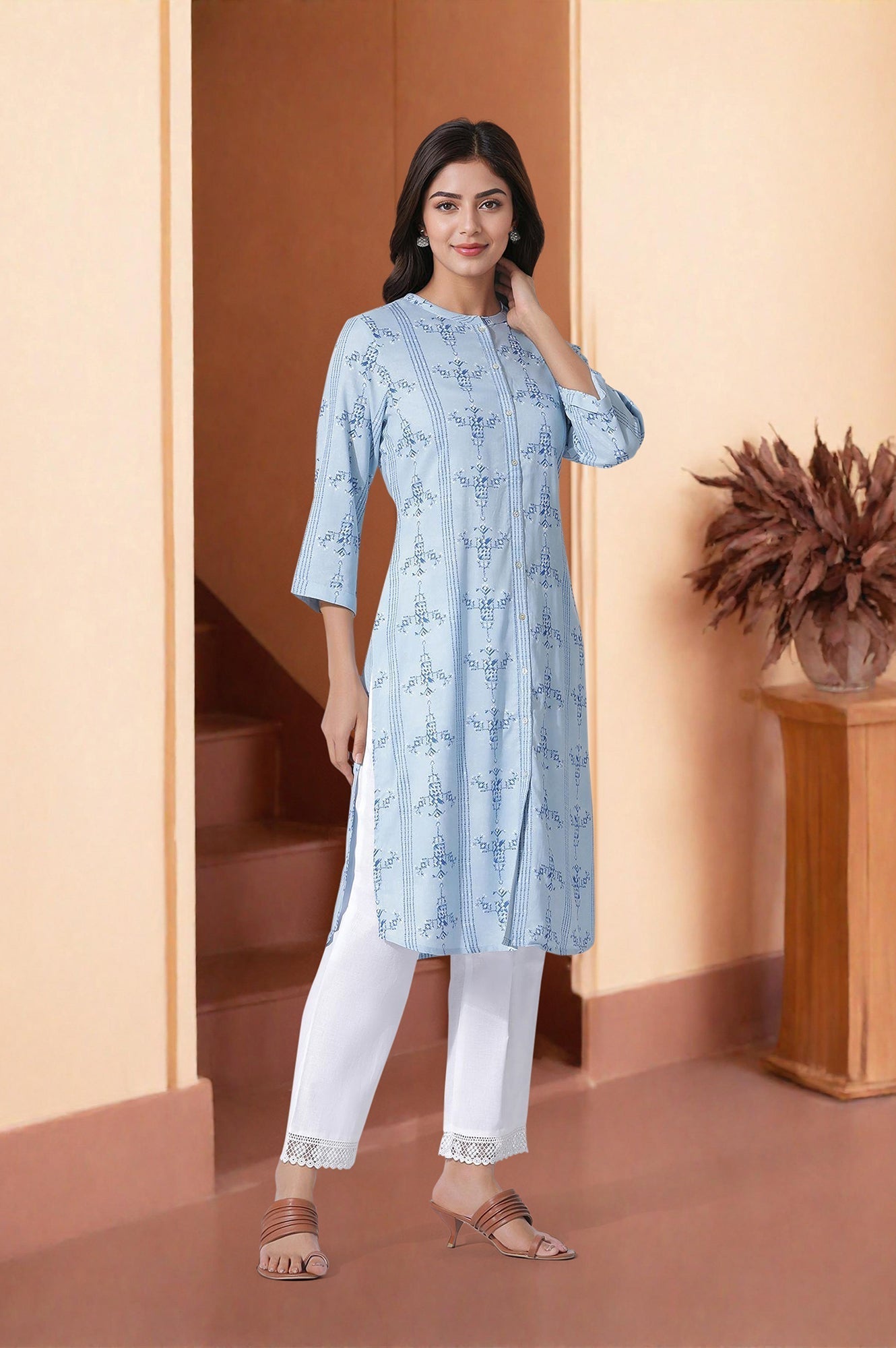 W for Woman Blue Geometric Print Shirt Kurta And Straight Pants Set