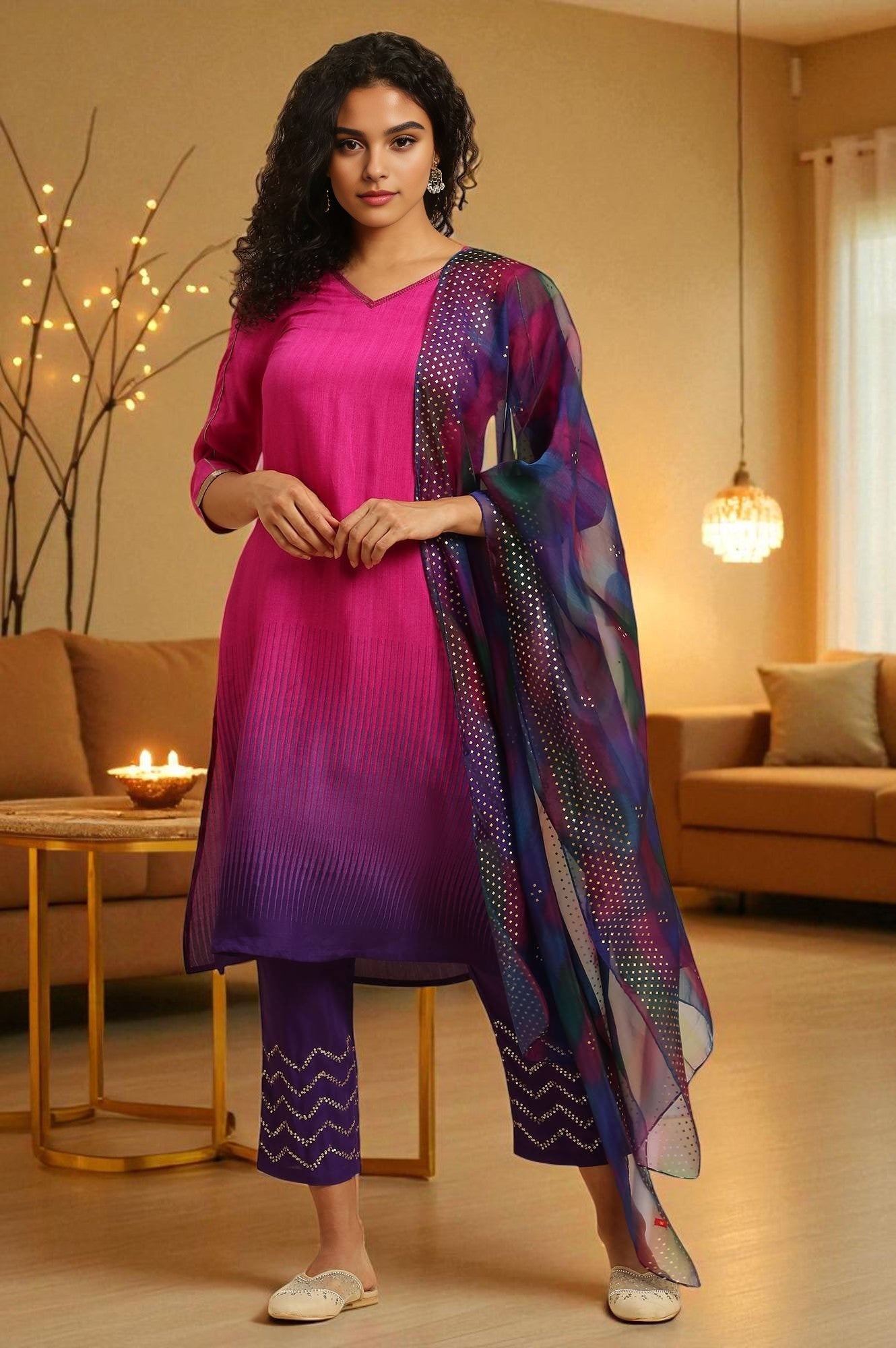 W for Woman Magenta Pink Ombre A-Line Kurta, Pants And Dupatta Set