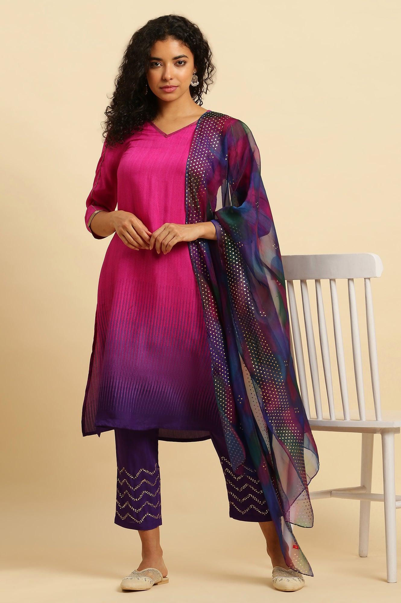W for Woman Magenta Pink Ombre A-Line Kurta, Pants And Dupatta Set