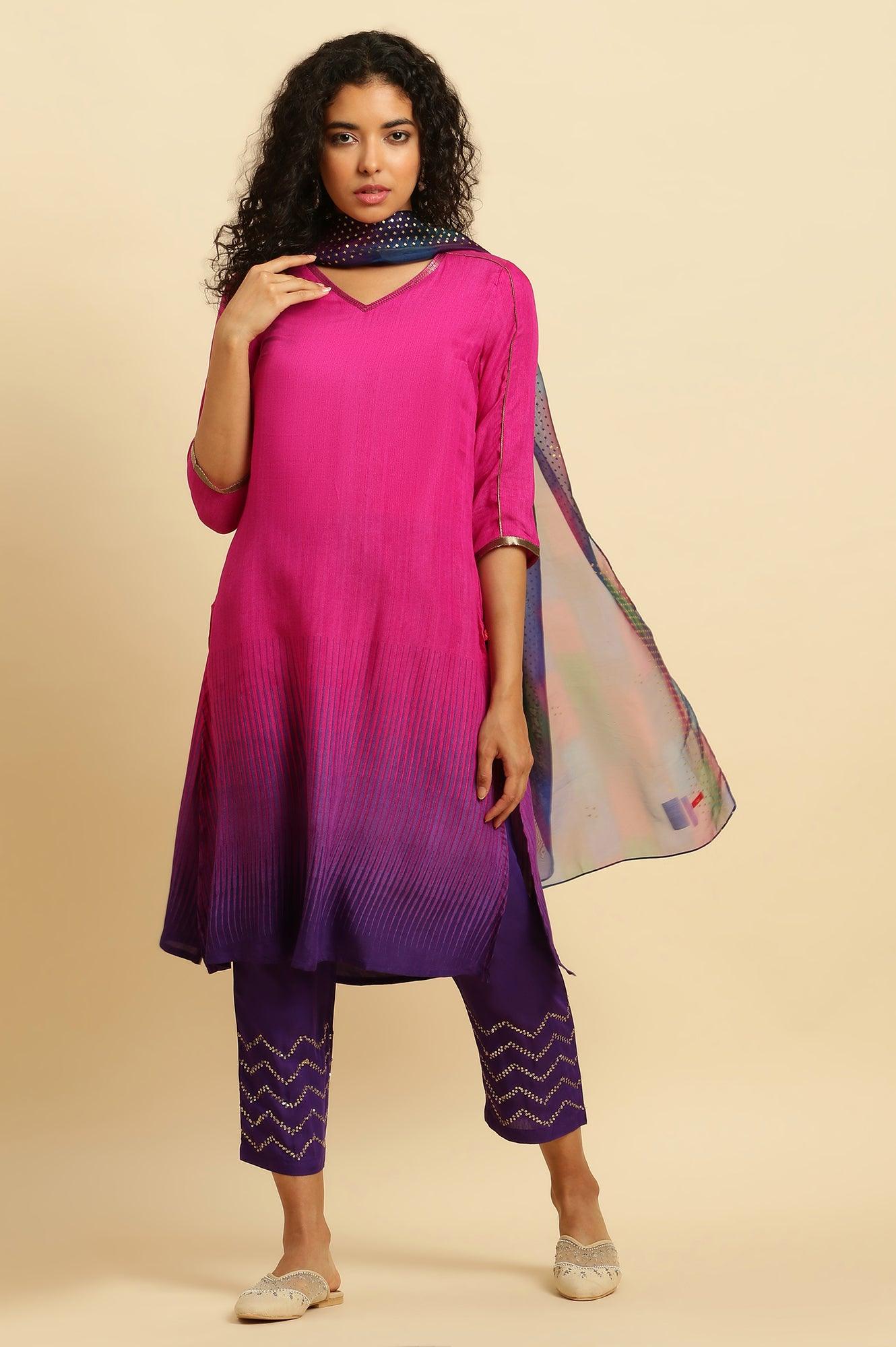 W for Woman Magenta Pink Ombre A-Line Kurta, Pants And Dupatta Set