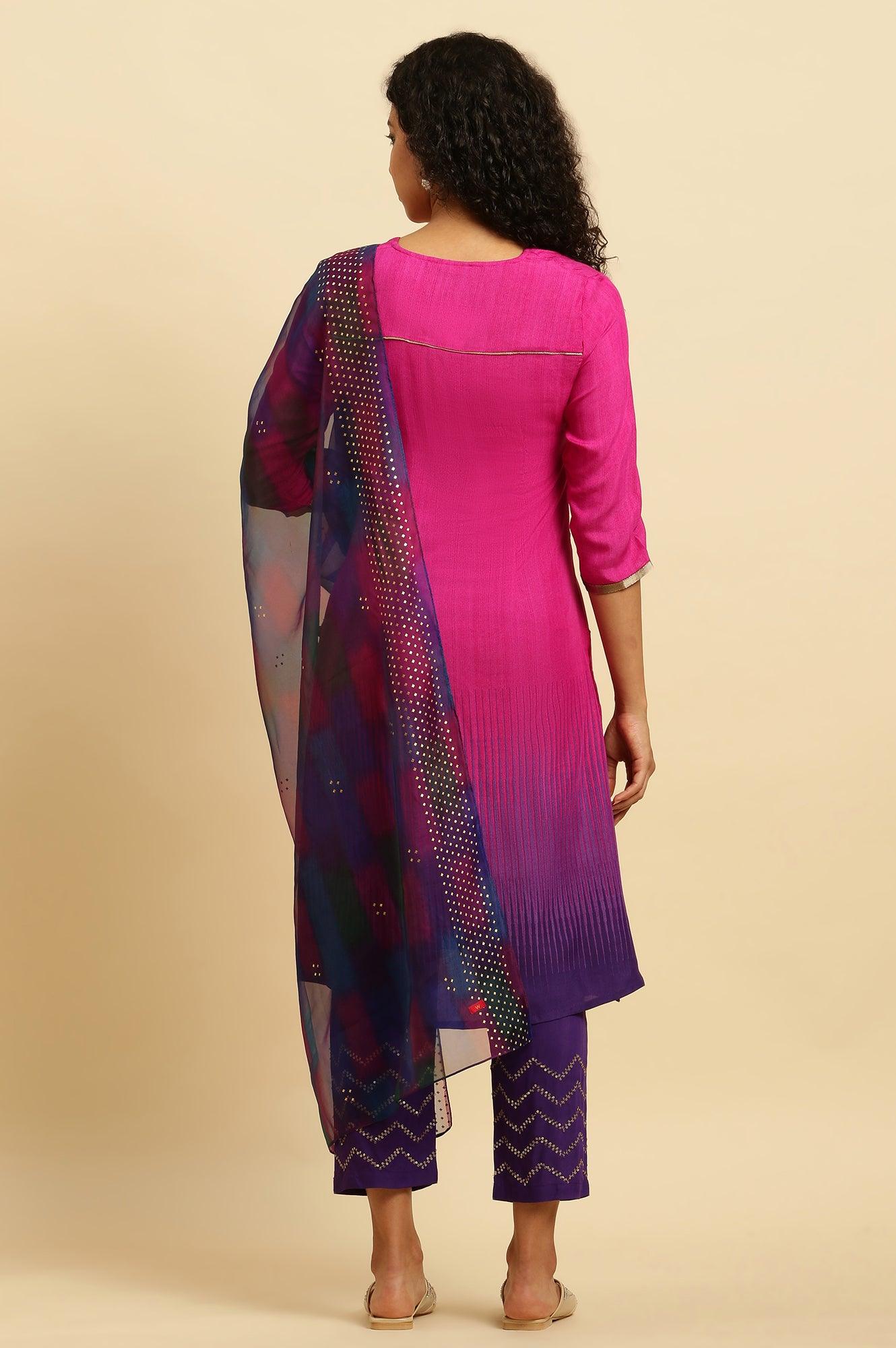 W for Woman Magenta Pink Ombre A-Line Kurta, Pants And Dupatta Set