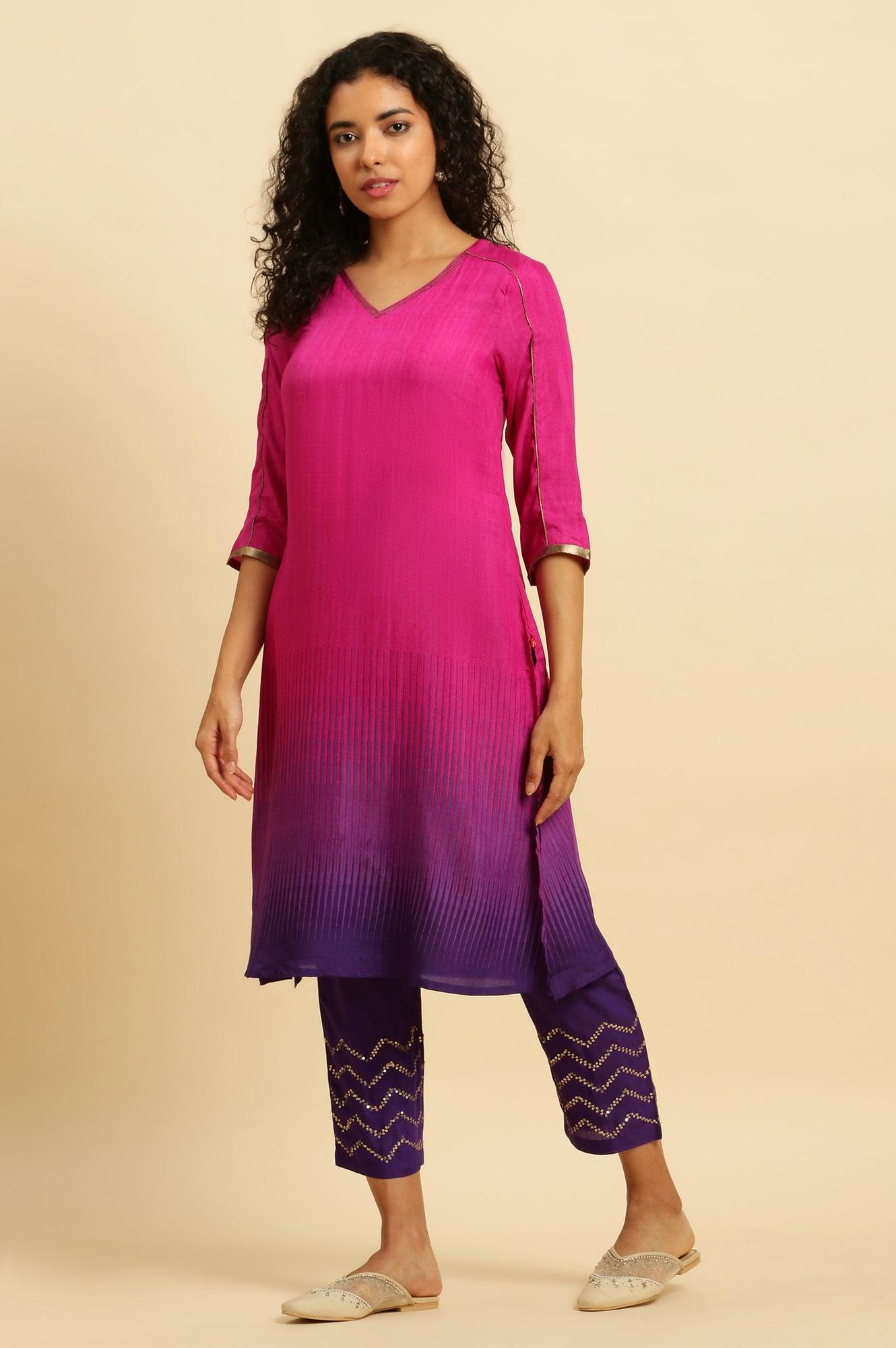 W for Woman Magenta Pink Ombre A-Line Kurta, Pants And Dupatta Set