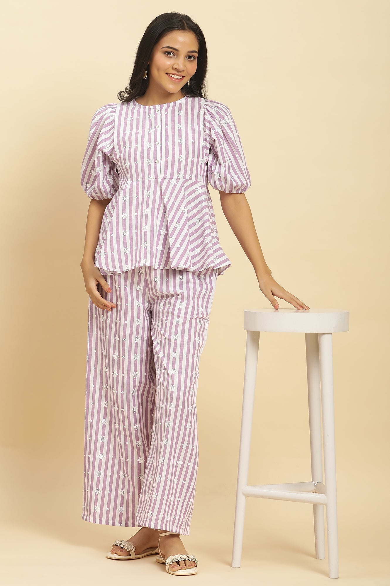 W for Woman Purple And White Stripe Schiffli Peplum Top And Pants Co-ord Set