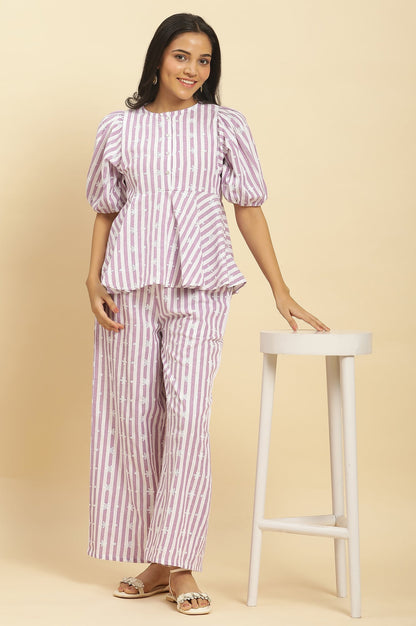 W for Woman Purple And White Stripe Schiffli Peplum Top And Pants Co-ord Set
