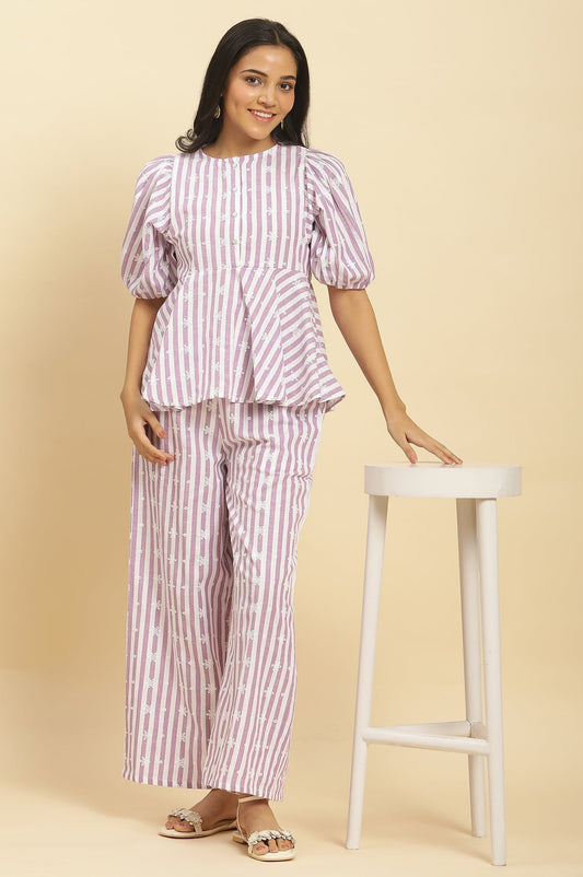 W for Woman Purple And White Stripe Schiffli Peplum Top And Pants Co-ord Set