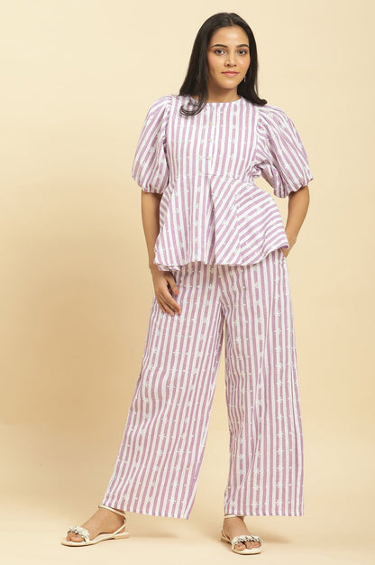 W for Woman Purple And White Stripe Schiffli Peplum Top And Pants Co-ord Set