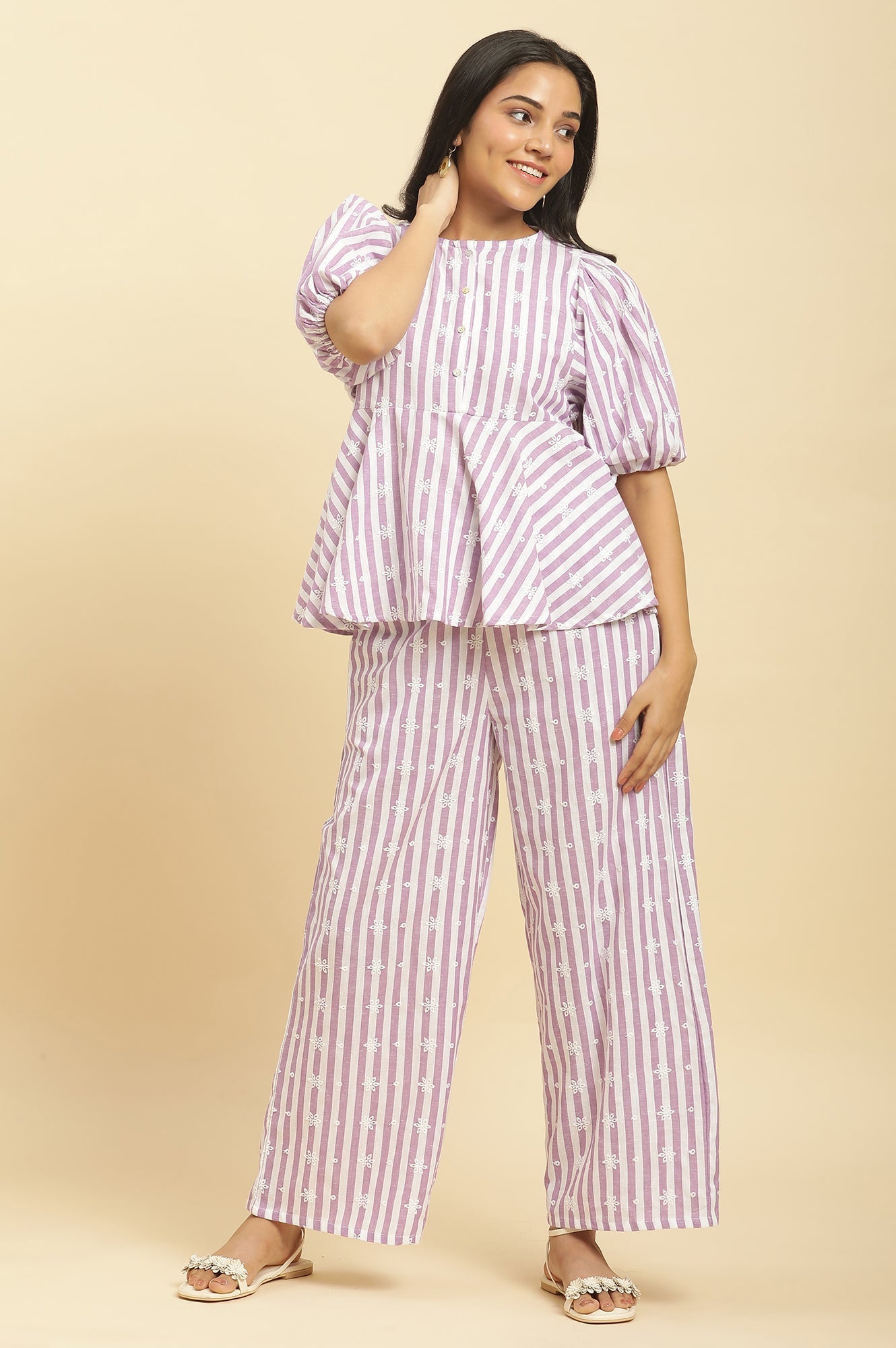 W for Woman Purple And White Stripe Schiffli Peplum Top And Pants Co-ord Set
