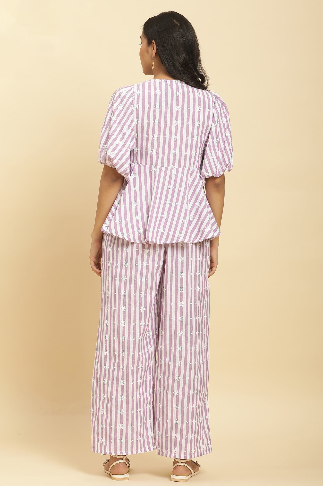W for Woman Purple And White Stripe Schiffli Peplum Top And Pants Co-ord Set