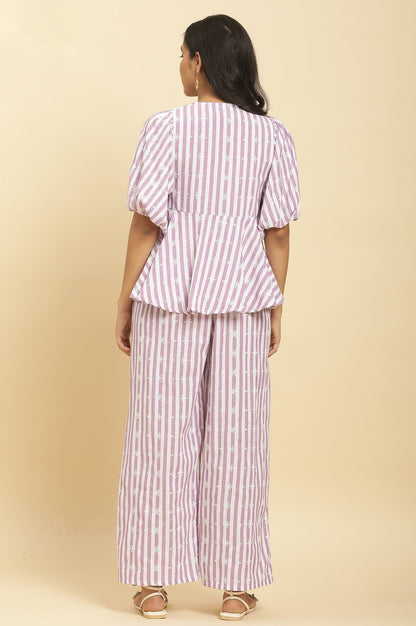 W for Woman Purple And White Stripe Schiffli Peplum Top And Pants Co-ord Set