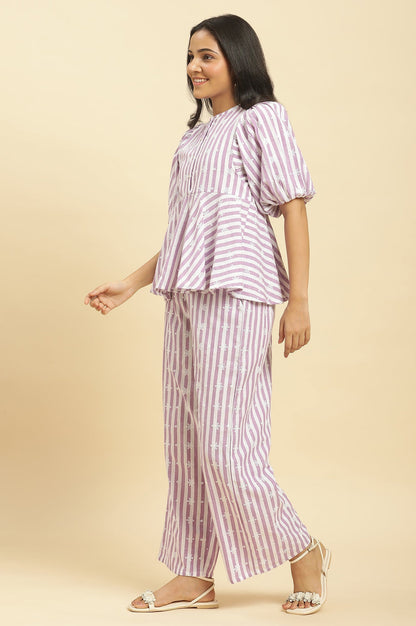 W for Woman Purple And White Stripe Schiffli Peplum Top And Pants Co-ord Set