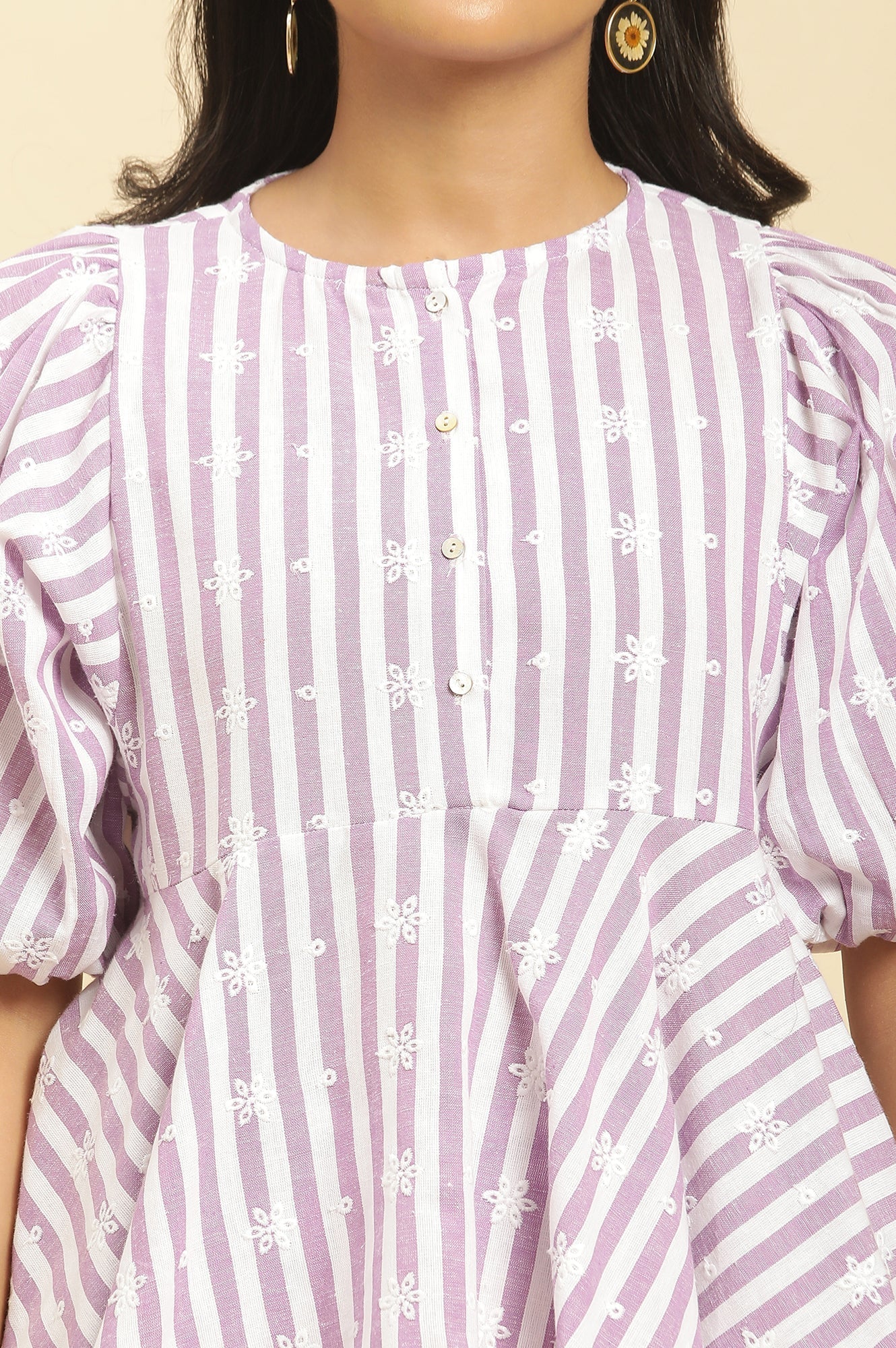 W for Woman Purple And White Stripe Schiffli Peplum Top And Pants Co-ord Set