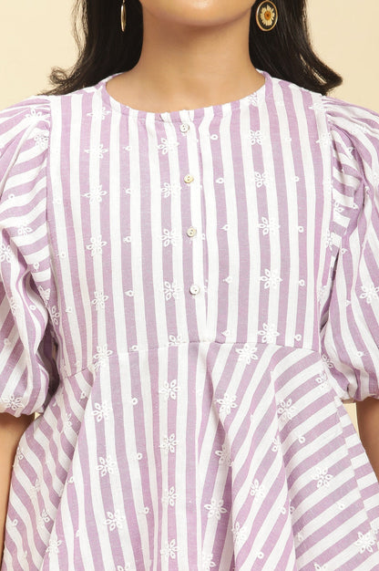 W for Woman Purple And White Stripe Schiffli Peplum Top And Pants Co-ord Set
