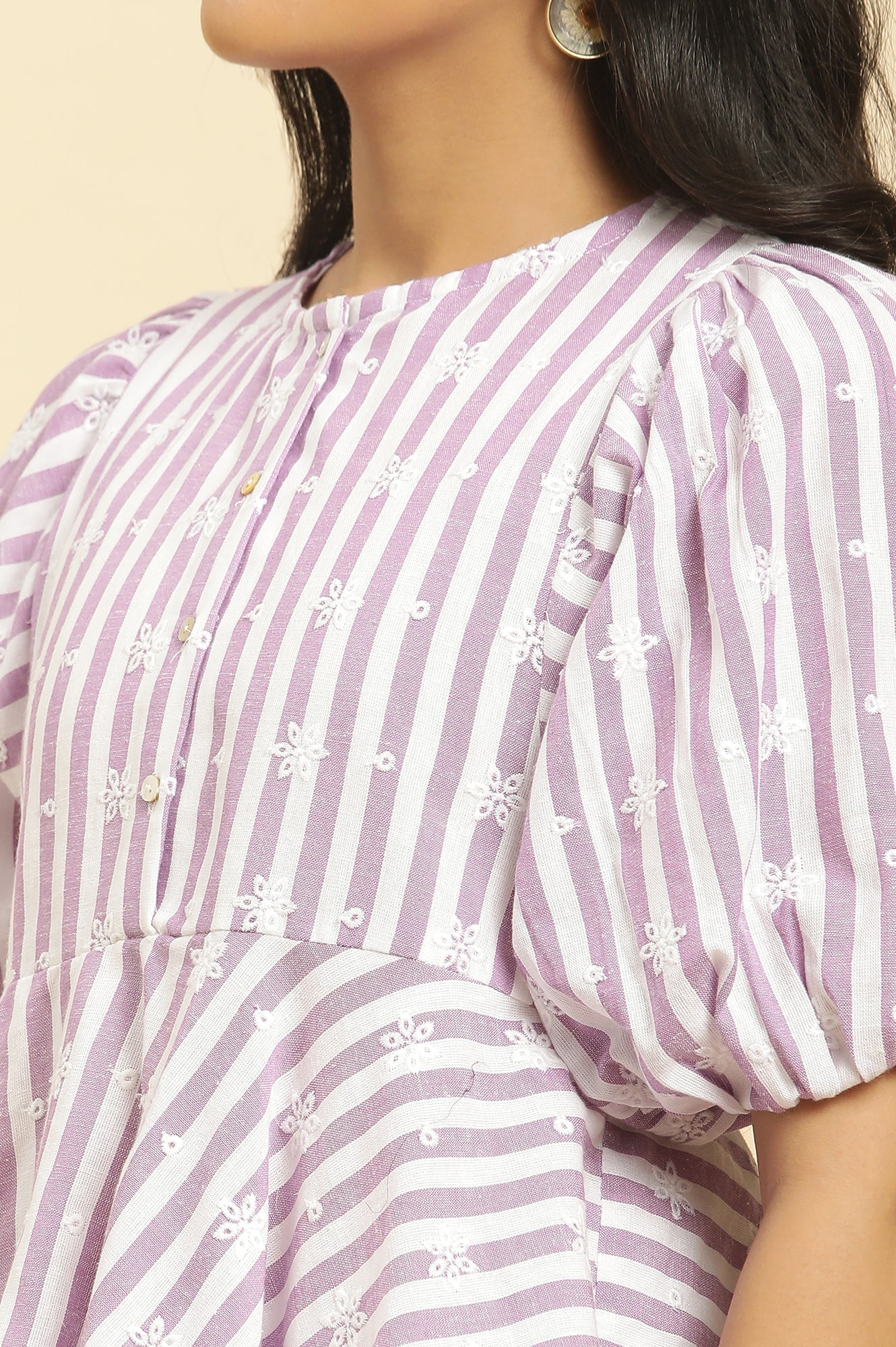 W for Woman Purple And White Stripe Schiffli Peplum Top And Pants Co-ord Set