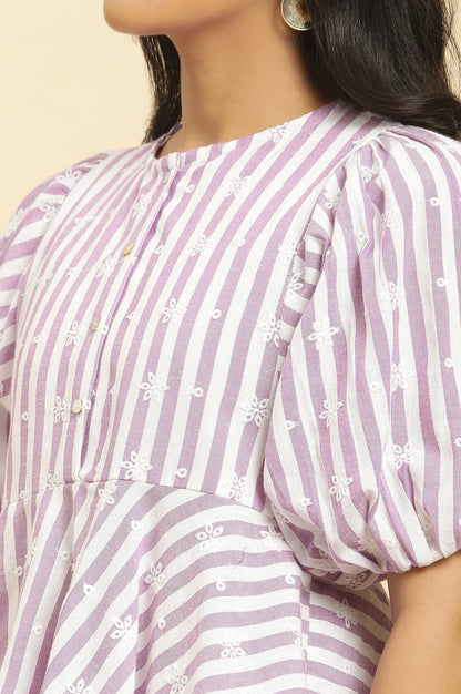 W for Woman Purple And White Stripe Schiffli Peplum Top And Pants Co-ord Set