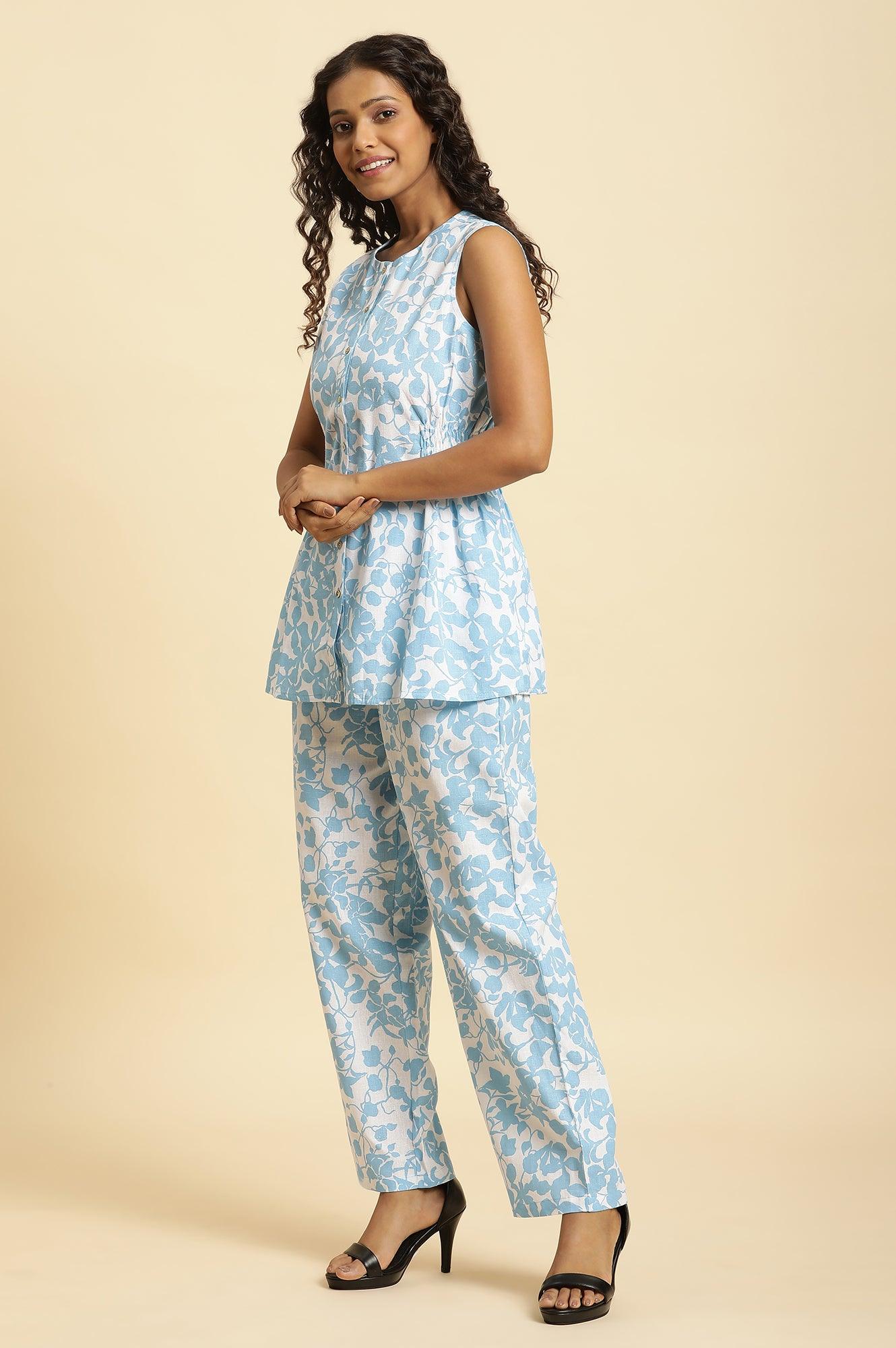 W for Woman White And Blue Floral Printed Top And Pants Co-Ord Set