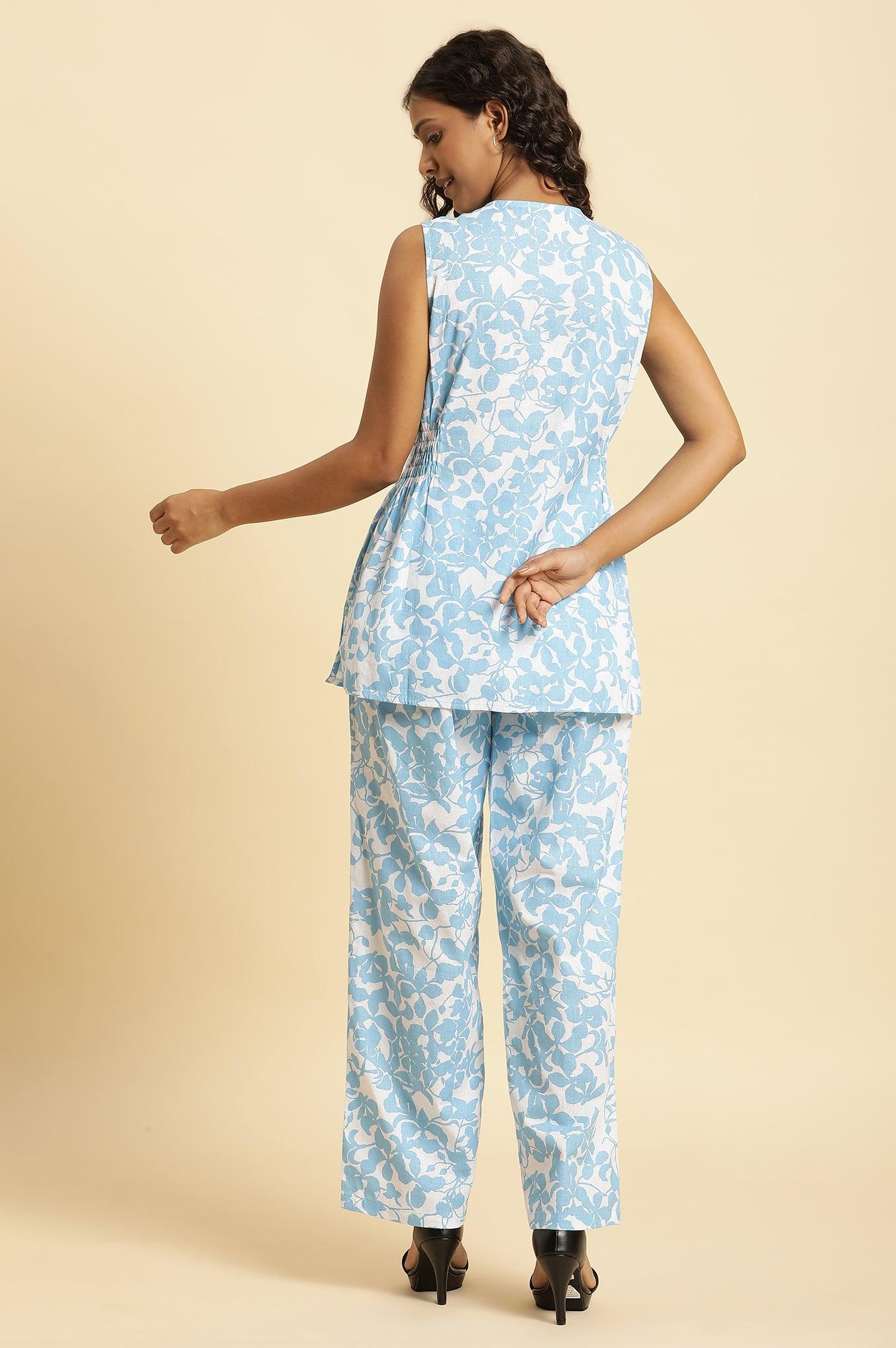 W for Woman White And Blue Floral Printed Top And Pants Co-Ord Set