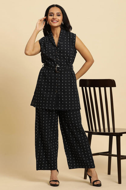 W for Woman Navy Blue Sleeveless Cotton Dobby Kurta And Pant Co-Ord Set