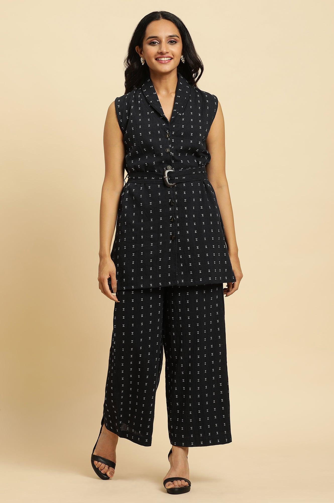 W for Woman Navy Blue Sleeveless Cotton Dobby Kurta And Pant Co-Ord Set