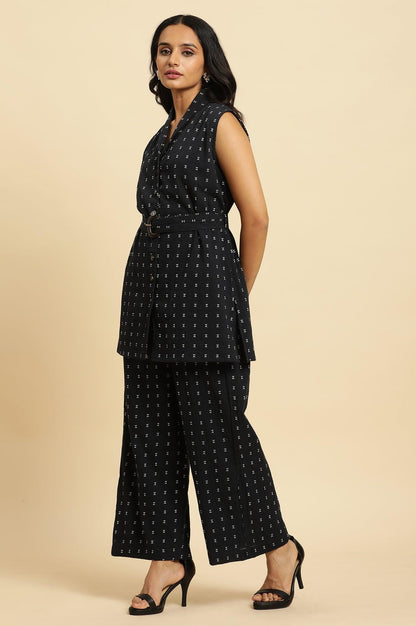 W for Woman Navy Blue Sleeveless Cotton Dobby Kurta And Pant Co-Ord Set
