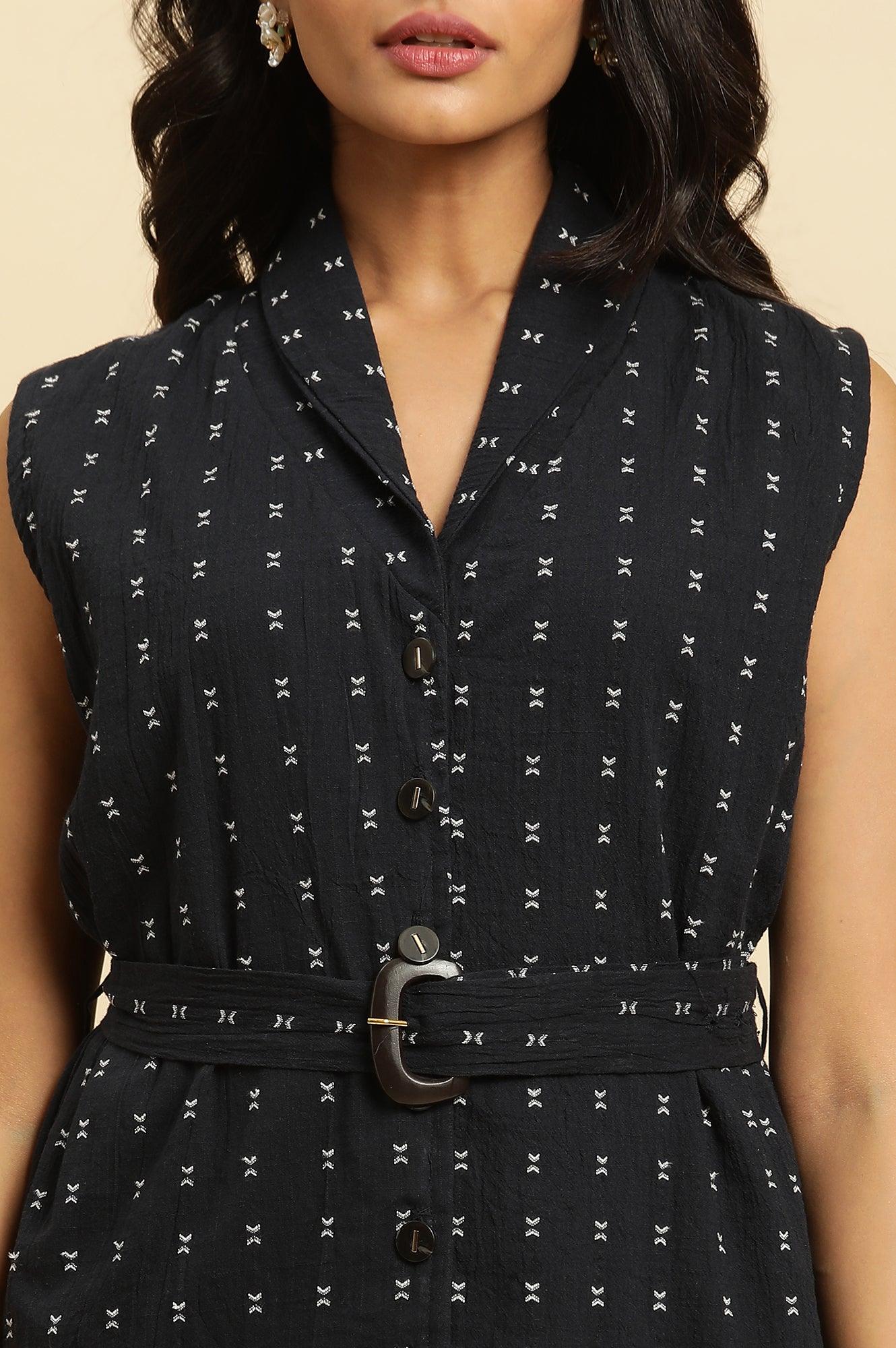 W for Woman Navy Blue Sleeveless Cotton Dobby Kurta And Pant Co-Ord Set